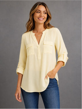 Lord & Taylor Yellow Pocket Roll-Tab Sleeve Tunic Blouse – Women’s Size L